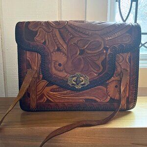 Vintage Tooled Leather Handbag | Beautiful Brass Clasp | Red Interior